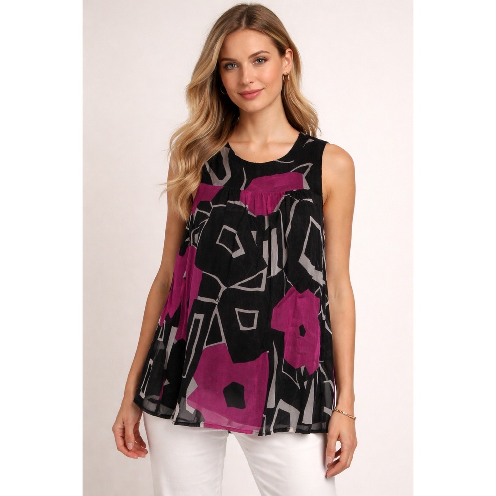 Theory‎ Womens Silk Sleeveless Blouse Black Magenta Geometric Abstract Top Small
